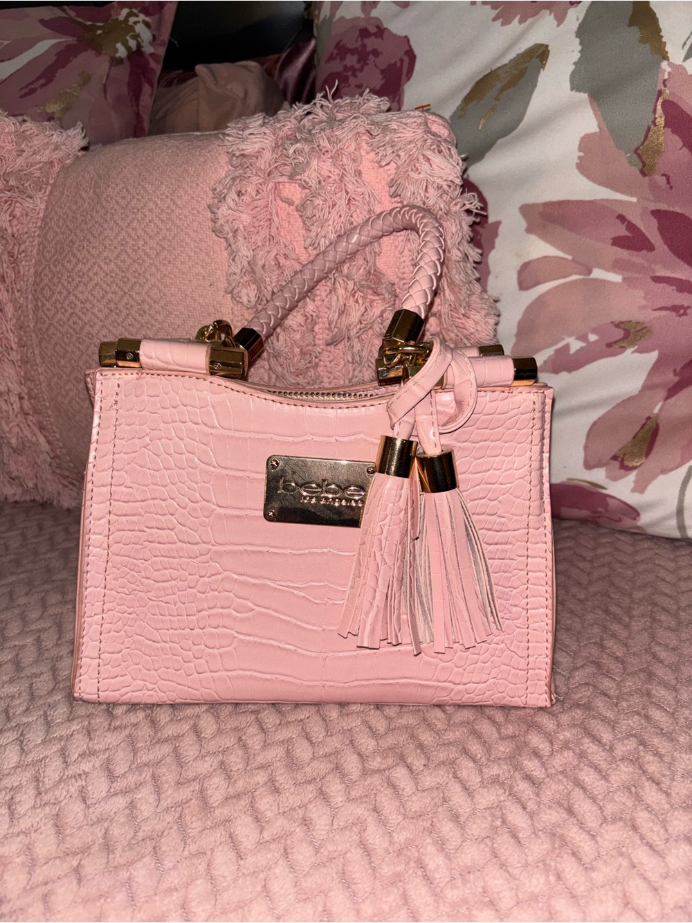 bebe Pink Croc-Embossed Mini Top-Handle Bag with Tassels
